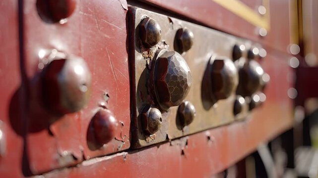 Closeup of a weathered red wooden door with metal studs.