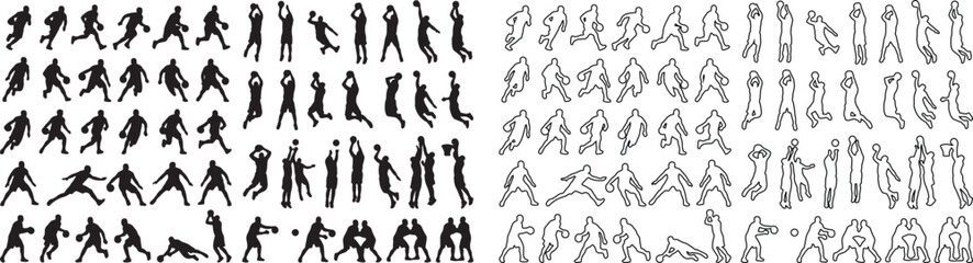 Basketball player silhouettes set, athletic sports figures in action poses, black solid and outline vector icons, basketball team competition graphics © Template 