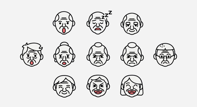 Elderly people faces expressions vector set