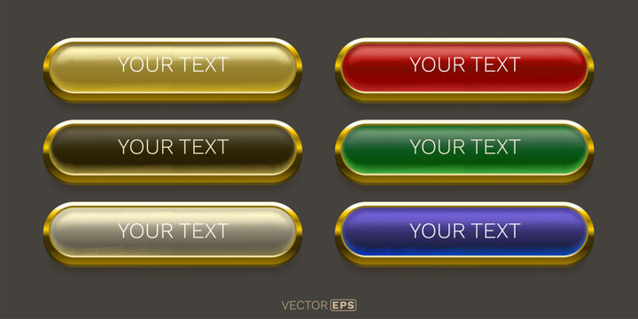 Elegant glossy web buttons with golden frames. A set of modern UI elements.