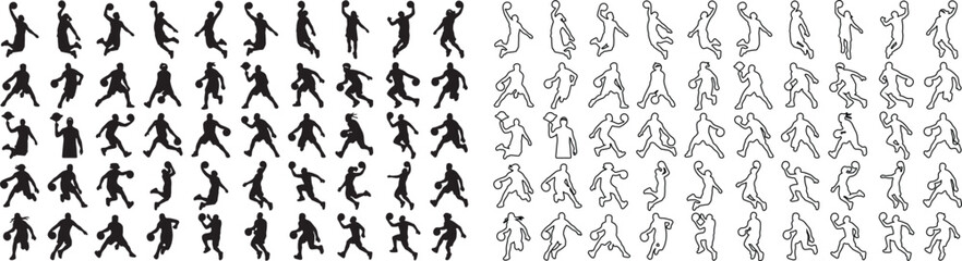 Basketball player silhouettes and line art icons, 100 sports action poses vector set, black athletic figures jumping and dribbling for team branding © Template 