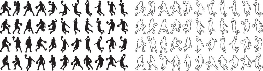 Basketball player silhouettes set, 80 athletic sports vector icons, black solid and outline basketball figures for team logos and sports design © Template 