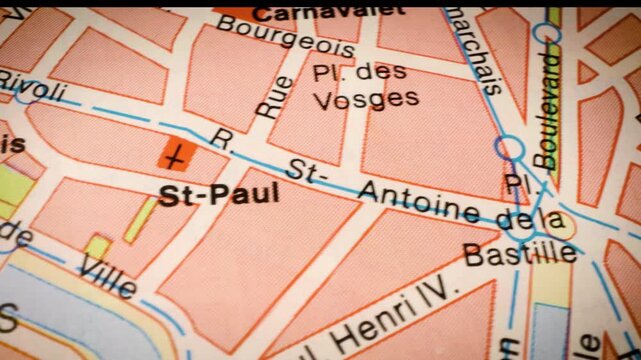 Dynamic sliding movement above Paris road map highlighting urban street network.France