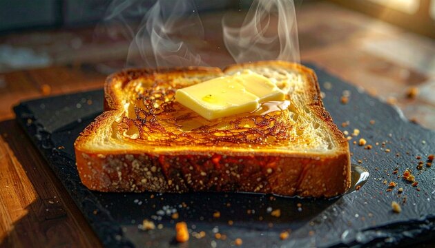 A macro view of warm, golden toast with a thick slice of butter melting into the crispy surface, evoking comfort and simple pleasure.