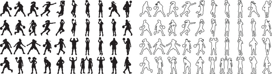 Basketball player silhouettes and line art icons, set of 80 athletic male and female figures, sports action poses for competition and team branding © Template 