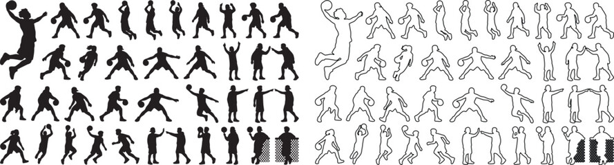 Basketball player silhouettes and outline icons, set of 80 sports vector elements, professional athlete dunking and dribbling poses for team logos © Template 