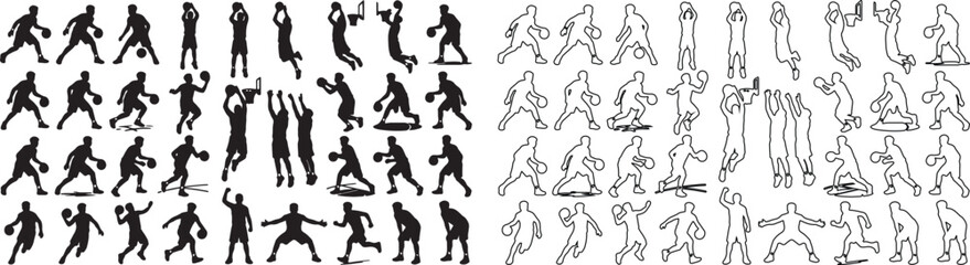 Basketball player silhouettes and line art icons, set of 72 athletic sports figures, basketball action poses for team branding and tournament design © Template 