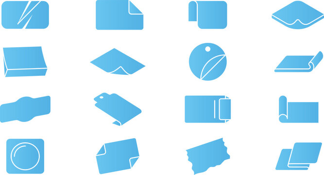 Selection of paper sheet icons with different folds curls and textures in blue colors.