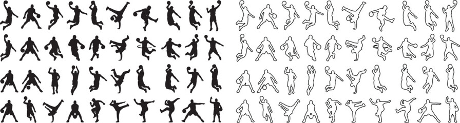 Basketball player silhouettes set, 80 athletic sports figures in action poses, black solid and outline vector icons for team branding and tournament posters © Template 