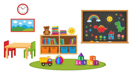 Obraz premium Colorful children's playroom with toys and furniture, kids education concept, nursery background