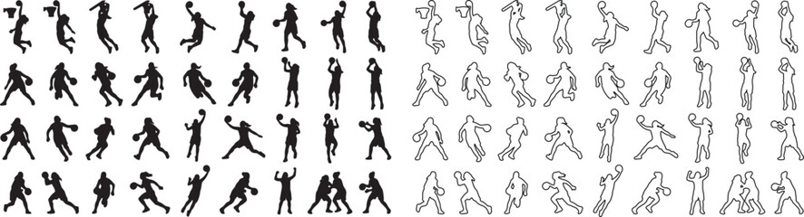 Basketball player silhouettes set, 80 athletic sports icons in solid and line art styles, professional basketball action poses for team branding © Template 
