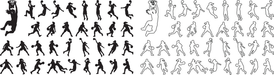 Basketball player silhouettes and line art icons, athletic sports figures jumping and dribbling, black vector collection for team branding © Template 