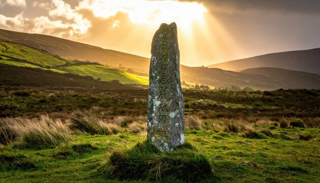 Ancient Ogham script carved on a weathered standing stone, bathed in dramatic golden sunbeams over rolling Irish hills.
