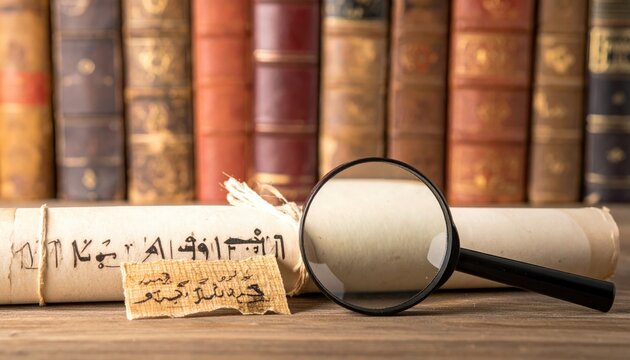 Ancient papyrus scroll with demotic script examined by magnifying glass amidst vintage books