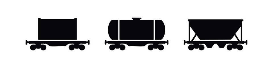 Railway freight car icon set including container wagon tanker and hopper silhouettes © Lili