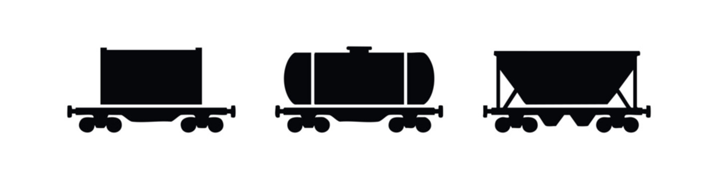 Railway freight car icon set including container wagon tanker and hopper silhouettes