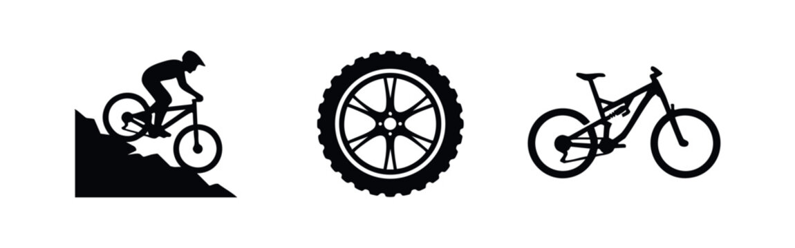 Mountain biking icon set with downhill biker silhouette tire tread and mountain bike
