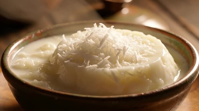Delicious Rasmalai Dessert in a Bowl with Coconut Topping.