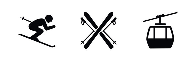 Winter sports icon set with downhill skier crossed skis and mountain gondola silhouettes © Lili