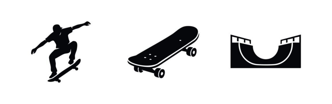 Skateboarding sport icon set with skater doing trick skateboard and halfpipe silhouettes