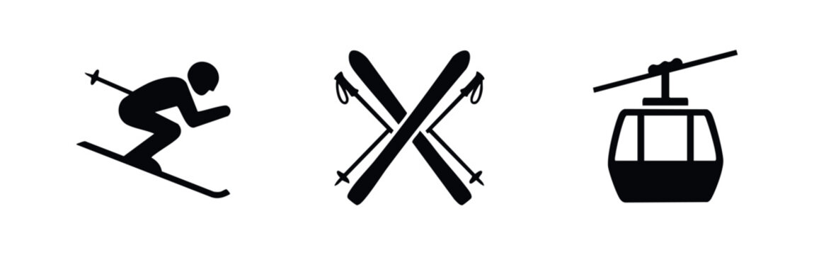 Winter sports icon set with downhill skier crossed skis and mountain gondola silhouettes