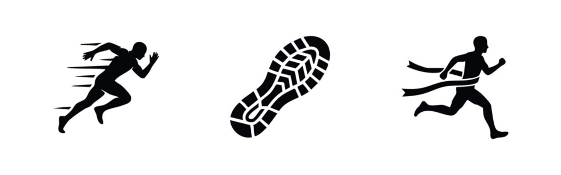 Running and athletics icon set with sprinter silhouette shoe sole and finish line runner
