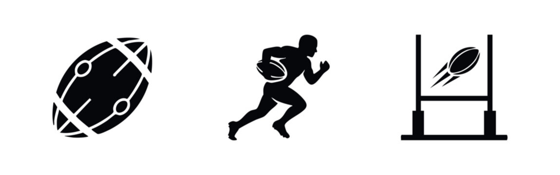 Rugby Sport Icons with Ball Player and Goal Post