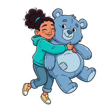 Young girl happily hugging a blue teddy bear