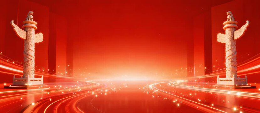 Vibrant red abstract background featuring elegant traditional columns flanking a luminous, futuristic pathway, perfect for grand presentations or celebratory events