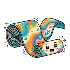 Fototapeta premium Cute cartoon yoga mat with happy face and colorful pattern