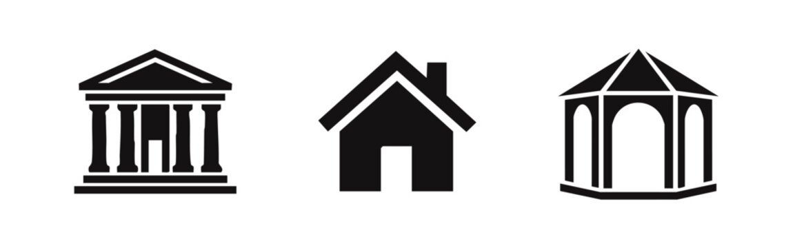 Architecture icons set including classical temple house and park gazebo silhouettes