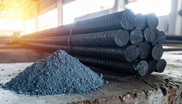 Stacked dark graphite rods and a pile of fine graphite powder in an industrial setting
