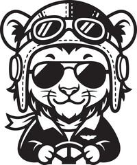Obraz premium Cute cartoon bear wearing pilot hat and sunglasses smiling aviator bear