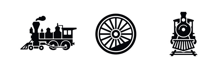 Vintage Steam Locomotive Train and Rail Wheel Silhouette Icon Set © Lili
