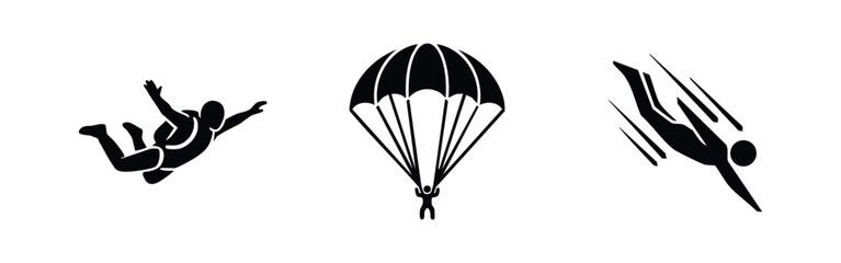Skydiving, Parachuting and Freefall Extreme Sports Silhouette Icon Set © Lili