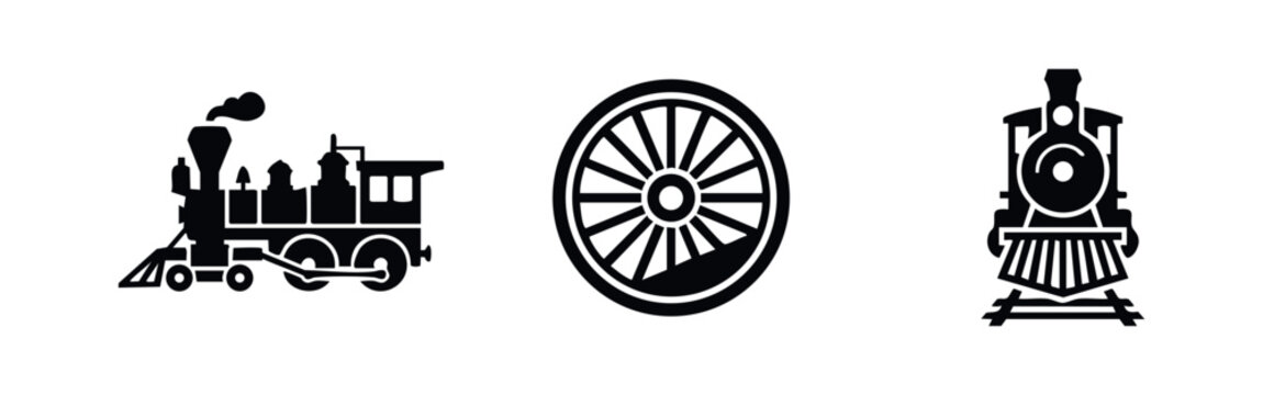 Vintage Steam Locomotive Train and Rail Wheel Silhouette Icon Set