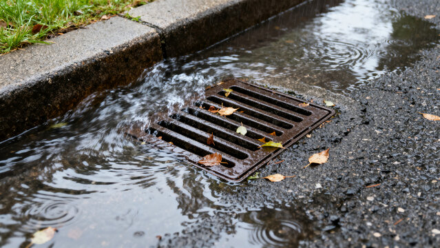 A close-up view of a street storm drain during a rainfall, with water flowing into it and leaves scattered around on the wet asphalt surface