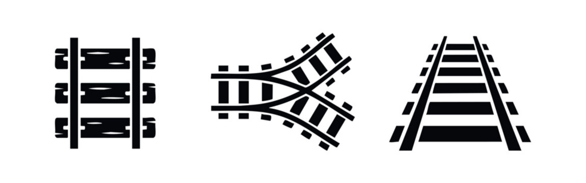 Railroad Tracks, Rail Junction and Perspective Rails Silhouette Icon Set