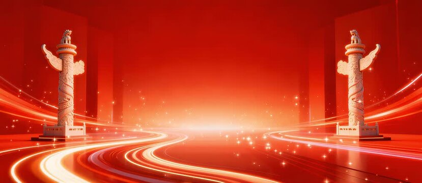 Abstract Red Digital Stage with Glowing Light Trails and Decorative Pillars