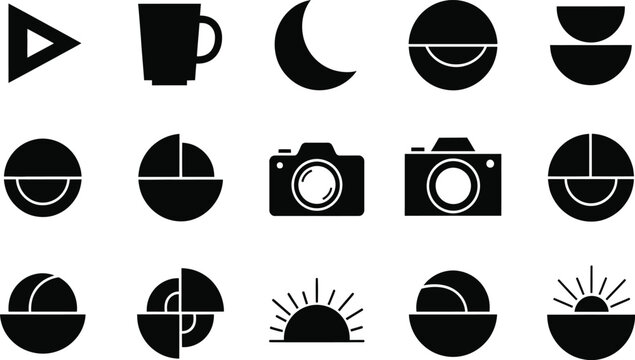 Black silhouette icon set with play button mug moon cameras abstract symbols and sunrise elements for modern interface design