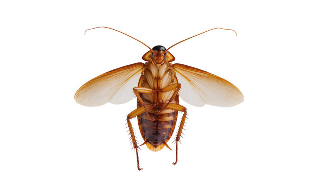 Isolated large brown American cockroach with wings spread, detailed ventral view of insect pest