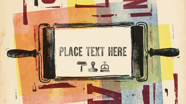 Hand drawn ink roller overlay texture with text place. Stamp and block print, printmaking monotype effect