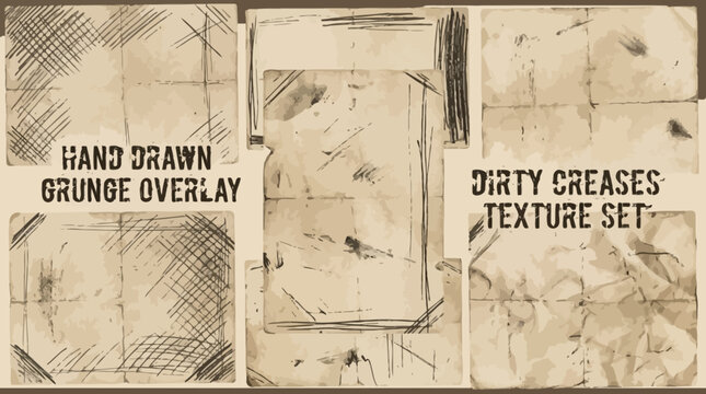 Scratchy old paper overlay set with paint brush strokes and creases. Hand drawn grange sketchy dirt brochure background