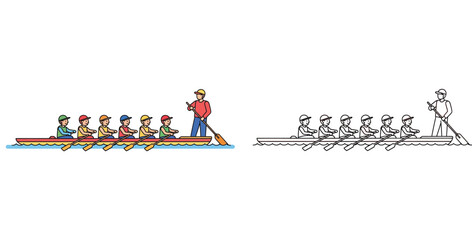  Team Rowing Boat Illustration in Color and Line Art Outline for Coloring Pages, Professional Crew Sports Vector with Six Rowers and Coxswain Leader on Water, Teamwork Concept Design © SHOHAG