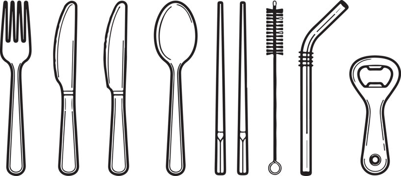 Set of black utensils including spoon fork knife spatula whisk and tongs Vector