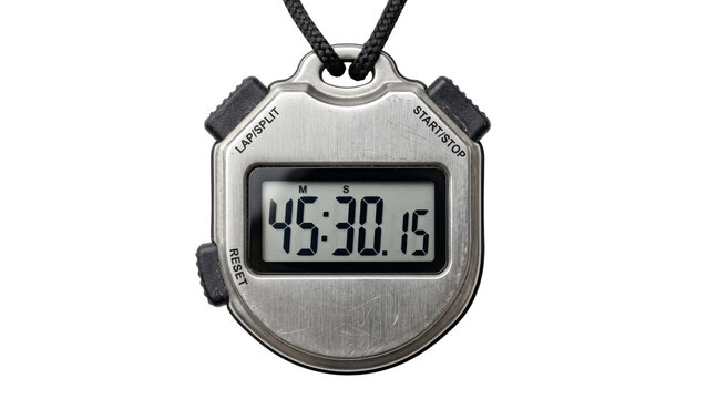 Digital stopwatch displaying 45 minutes 30 seconds on transparent background