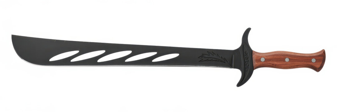 Tactical machete with black blade featuring cutouts and wooden handle isolated on white background