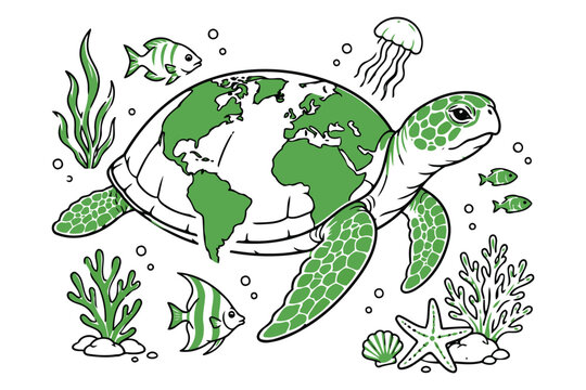 Green sea turtle carrying Earth with ocean life illustration Vector