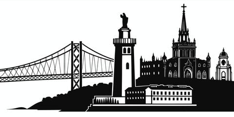 Obraz premium Lisbon Skyline Engraving Sketch Vector Illustration