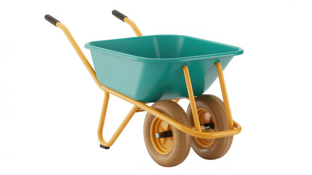 Teal metal garden wheelbarrow with yellow frame and two wheels isolated on a white background